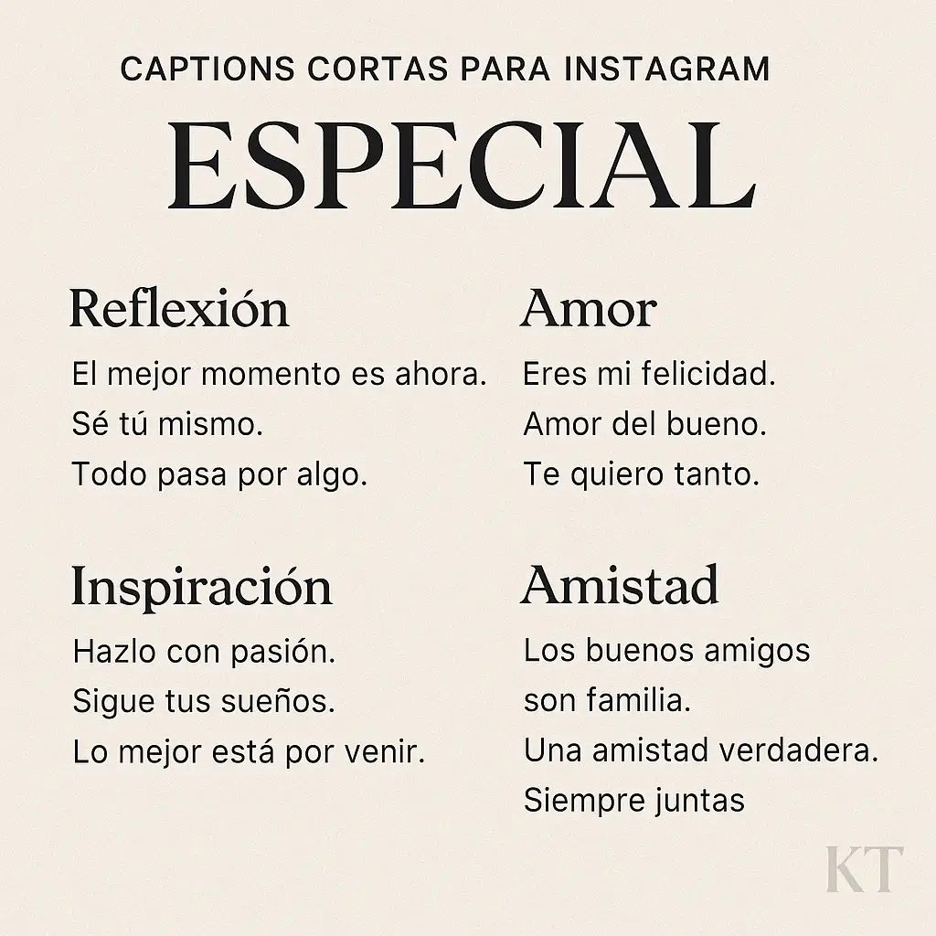 Creative layout of short Spanish captions for Instagram organized by category and theme