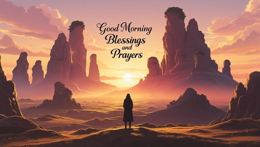 Good morning blessings and prayers written in elegant calligraphy on peaceful background