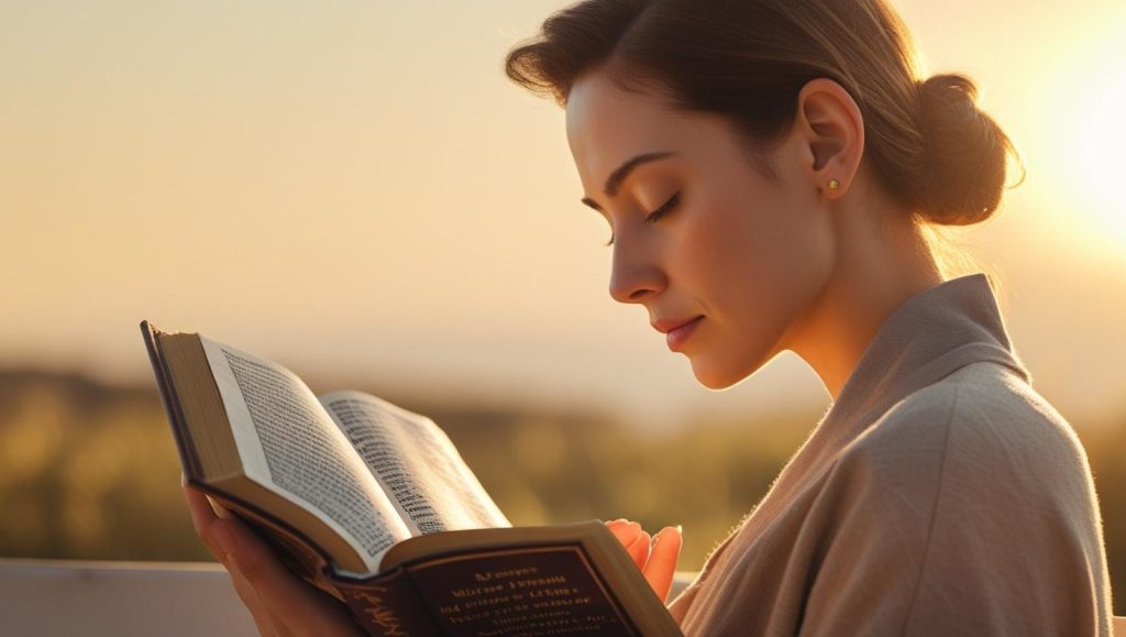 Woman reading prayer book at dawn practicing good morning have a blessed day prayer routine for strength