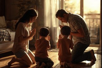 family knelling down and saying Short Prayer for Peace of Mind